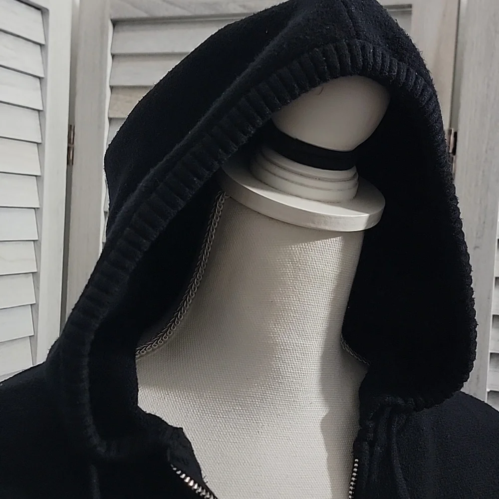 Orange Kiss Black Ribbed Cropped Knit Hoodie Zipper Cardigan